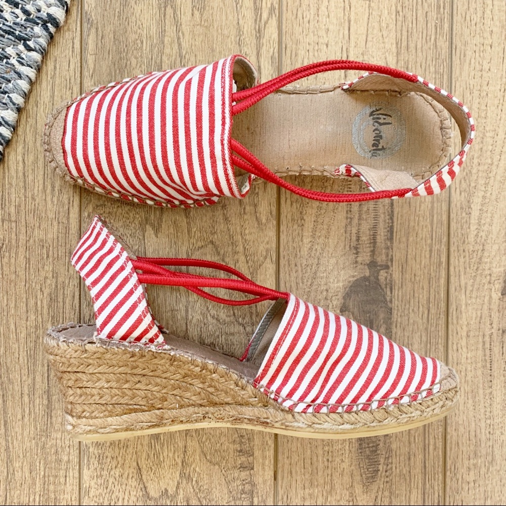 ( Vidorreta ) Red Striped Espadrille Wedge Shoes